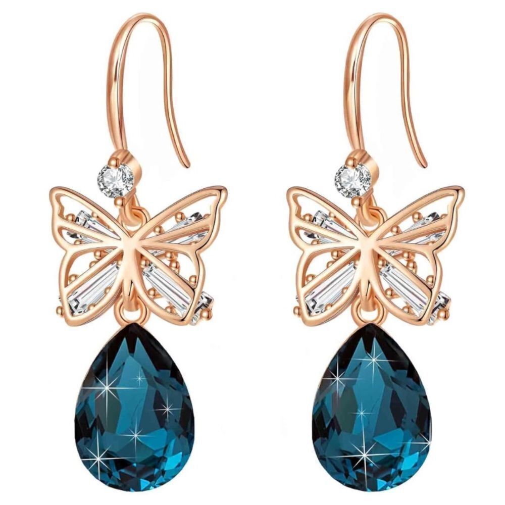 14K Rose Gold and London Blue Topaz Austrian Crystal Butterfly Teardrop Earrings